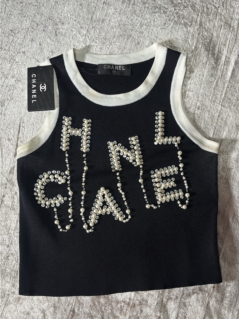 CHANEL Black and White Pearl-Embellished Tank Dress